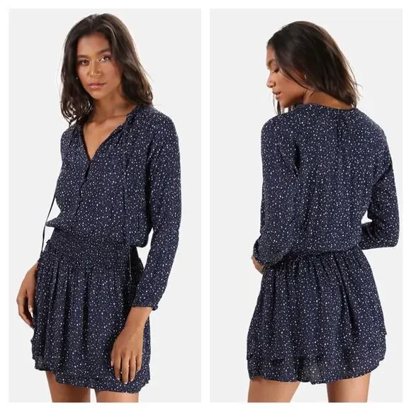 Rails Jasmine Star Print Mini Dress Navy Nova Size Medium Smocked Long Sleeve - Picture 1 of 12
